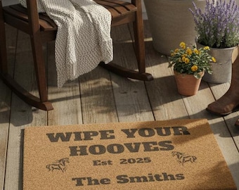 Personalize Horse-Themed Doormat, Wipe Your Hooves Entry Rug, Equestrian Decor, Farmhouse Welcome Mat, Gifts for Horse Lovers