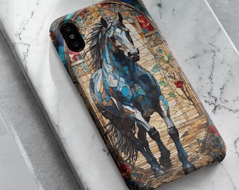 Horse Stained Glass Phone Case Design Art Pattern Phone Protection Case Black Elegant Nature Artwork Phone Cover Gift Equestrian Mobile