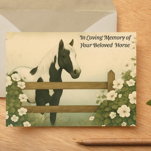 Tarjeta de condolencias para caballos. Tarjeta de felicitación conmemorativa equina por la pérdida de un caballo. Nota de condolencia para homenaje a la mascota.