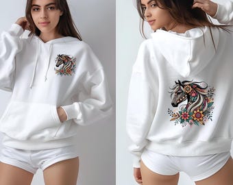 Bohemian Horse Head Hoodie Design Personalized Sleeve Option Equestrian Fashion White Clothing Style Boho Equine Lover Gift Idea For Winter