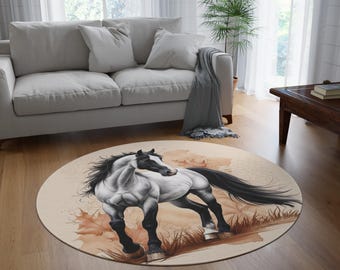 Vintage looking Round Area Rug  Horse Spirit Wild & Free Equestrian Decor  Soft Rustic Accent for Horse Lovers' Sanctuary