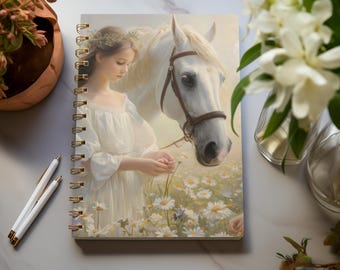 Horse Themed Spiral Notebook Girls Equestrian Gift Journal with Lined Pages Animal Lovers Writers Stationery  Girl  White Horse Design