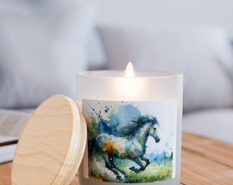 Horse Designed Watercolor Soy Candle in Frosted Glass 11oz Scented with Wooden Wick Relaxing Equine Decor Gift for Equestrian Lovers
