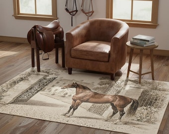 Equestrian Outdoor Rug with Vintage Horse Design, Patio Decor, Garden Mat, Front Porch Welcome, Floral Area Rug, Home and Garden Gift