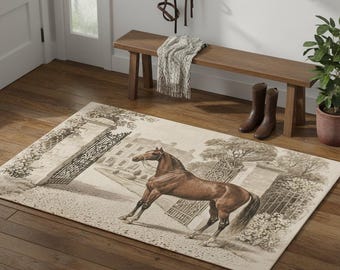 Equestrian Outdoor Rug with Vintage Horse Design, Patio Decor, Garden Mat, Front Porch Welcome, Floral Area Rug, Home and Garden Gift