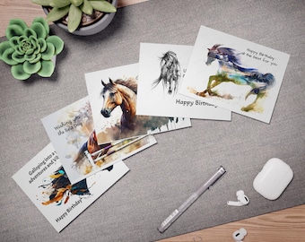 Boho Horse Birthday Cards Equine Design Artistic Paper Note Set Equestrian Gift Horse Art Style Drawing Animal Illustration Blank Greeting