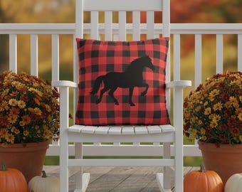 Faux Suede Pillowcase Red Plaid Horse Design Western Home Decor Farmhouse Pillow Cover Equestrian Gift Square Throw Cushion Cover