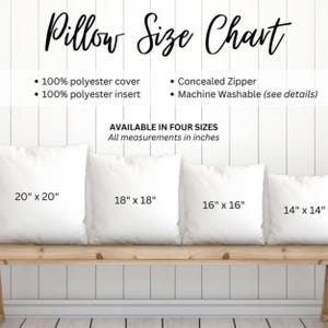 May include: A pillow size chart displays four white pillows of varying sizes: 20" x 20", 18" x 18", 16" x 16", and 14" x 14". The chart details features like a 100% polyester cover and insert, a concealed zipper, and machine washability.