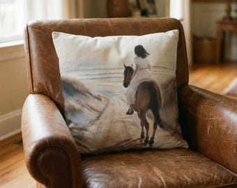 Coastal Horse and Girl Canvas Pillow Cover Bedroom Decor Farmhouse Style Equine Lover Gift Double-Sided Teen Room Home