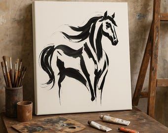 Horse Black and White Canvas Modern Wall Decor Equestrian Original Artwork Horse Lover Gift