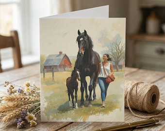 Equestrian Notecard Woman with Horse and Foal Greeting Card Modern Equine Art Stationery Horse Watercolor Barn Scene,
