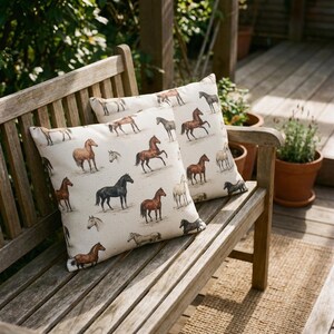 May include: Two square throw pillows with a cream background and a repeating pattern of various horse illustrations in brown, black, and white. The pillows are resting on a wooden bench outdoors.