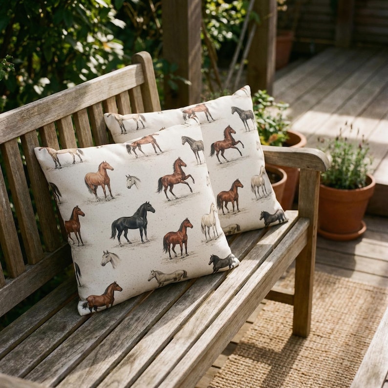 May include: Two square throw pillows with a cream background and a repeating pattern of various horse illustrations in brown, black, and white. The pillows are resting on a wooden bench outdoors.