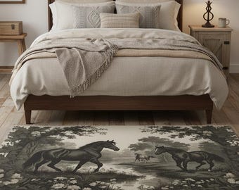 Black & White Horse Rug Low Pile Non-Slip Back Sizes 3'x5' to 5'x7' Equestrian Living Room Rug