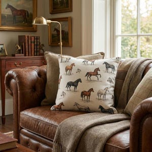Vintage Style Horse Throw Pillow Cream Equestrian Decor Farmhouse Accent Gift for Equine Lover image 2