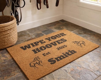 Personalize Horse-Themed Doormat, Wipe Your Hooves Entry Rug, Equestrian Decor, Farmhouse Welcome Mat, Gifts for Horse Lovers