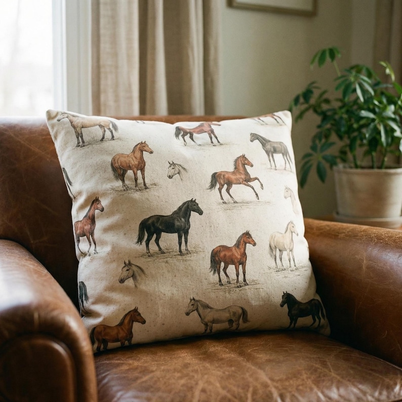 May include: A square decorative pillow with a beige background featuring multiple illustrations of horses in various poses and colors. The horses are depicted in shades of brown, black, and white. The pillow is placed on a brown leather armchair.