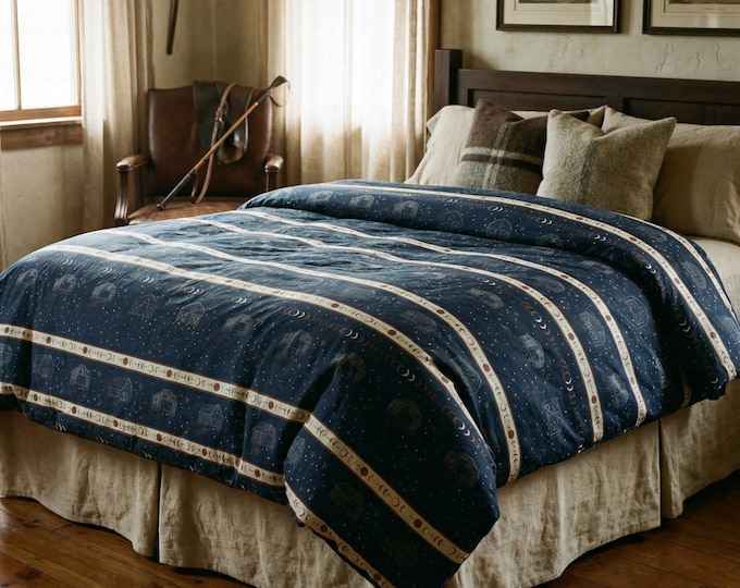 Featured listing image: Equestrian Navy Duvet Cover  Barn Moon Phase Night Design  Horse Lover Bedroom Decor Bedding