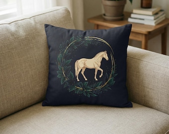 Horse Throw Pillow Navy Blue Equestrian Decor Living Room Accent Cushion Elegant Botanical Design Gold Frame Square Home Decoration Animal