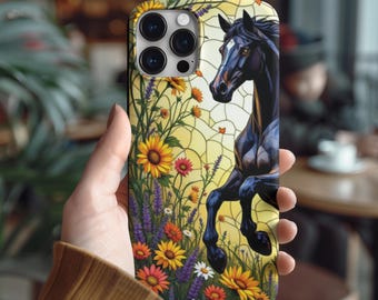 Horse Phone Case Stained Glass Cover Equestrian Gift Floral Animal Art Protective
