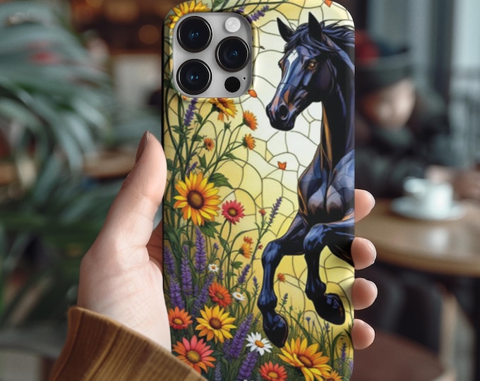 Featured listing image: Horse Phone Case Stained Glass Cover Equestrian Gift Floral Animal Art Protective