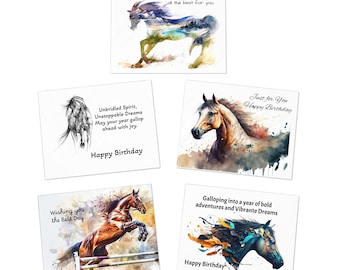 Boho Horse Birthday Card Set of 5 Watercolor Horse Greeting Cards  Blank Equestrian Note Cards + Envelopes Horse Lover Birthday Gift