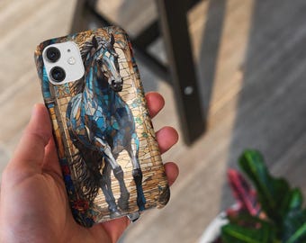Horse Stained Glass Phone Case, Elegant Black Equestrian Art, Protective Mobile Cover, Nature Design, Gift for Horse Lovers