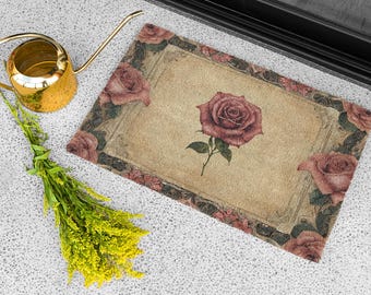 Rose Design Door Mat: Floral Welcome Mat Indoor/Outdoor Decorative Home Front Door Entry Non-Slip Durable Gift Idea