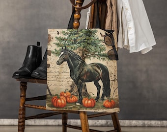 Fall Canvas Horse Tote Bag Adjustable Handle Tote Autumn Equine Shoulder Bag Horse Lover Gift Inside Phone Pocket 16x16 or 18x18 Sizes