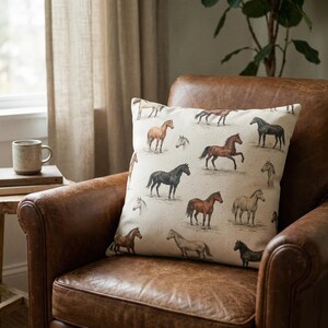 May include: Square throw pillow with a beige background featuring various horse illustrations in brown, black, and tan. The pillow is placed on a brown leather armchair, with a neutral-toned curtain in the background.