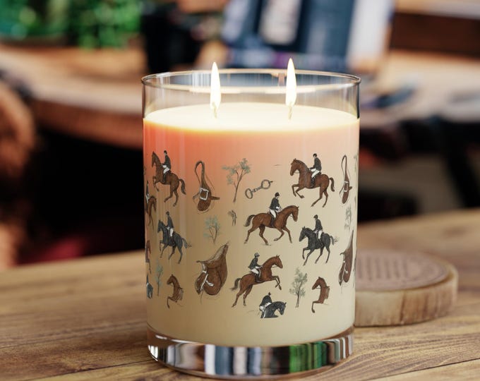 Featured listing image: Scented Candle, Horse Design, Animal Lover Gift, Home Decor, Relaxation Candle, 11oz Glass Candle, Aromatherapy Candle