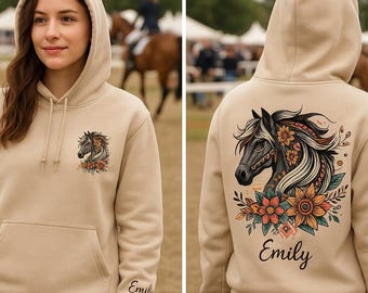 Personalized Bohemian Hoodie Horse Head Boho Equestrian Sweatshirt Hippie Equine Lover Gift Western Cowgirl Hoodie Artistic Horse Hoodie