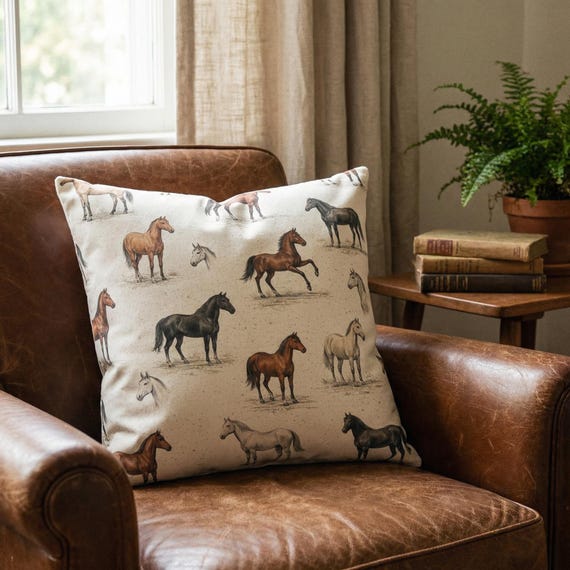 Vintage Style Horse Throw Pillow Cream  Equestrian Decor Farmhouse Accent  Gift for Equine Lover