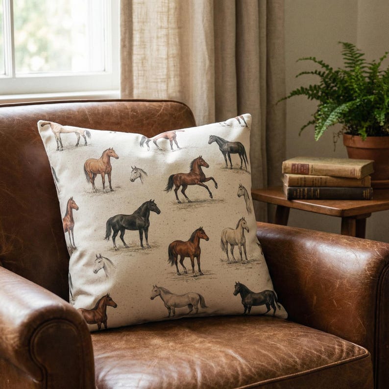May include: A decorative throw pillow featuring a repeating pattern of horse illustrations in various colors, including brown, black, and tan. The pillow is set against a brown leather armchair, creating a rustic and equestrian theme.