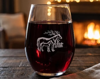 Copa de vino sin tallo grabada con motivos ecuestres, regalo para amantes de los caballos, estilo rústico de granja, cristal personalizado.