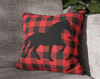 Faux Suede Pillowcase Red Plaid Horse Design Western Home Decor Farmhouse Pillow Cover Equestrian Gift Square Throw Cushion Cover