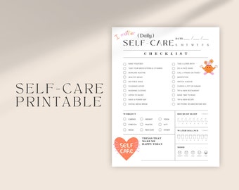 May include: A printable self-care checklist featuring a colourful cartoon character. The checklist includes daily tasks such as making your bed, taking your medications, skincare routine, healthy meals, going for a walk, cleaning the house, washing clothes, listening to music, having a power nap, social media break, taking a long bath, doing a face mask, calling a friend or family, meditation, watching a movie, cuddling a pet or human, trying a new restaurant, making time to read, trying a new recipe, and no phone 30 minutes before bed. The checklist also includes sections for workout, hours of sleep, water balance, and mood.