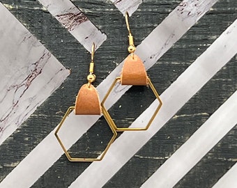 Dainty drop earring with gold hexagon and leather loop - Recycled Leather Earrings - Free Shipping!