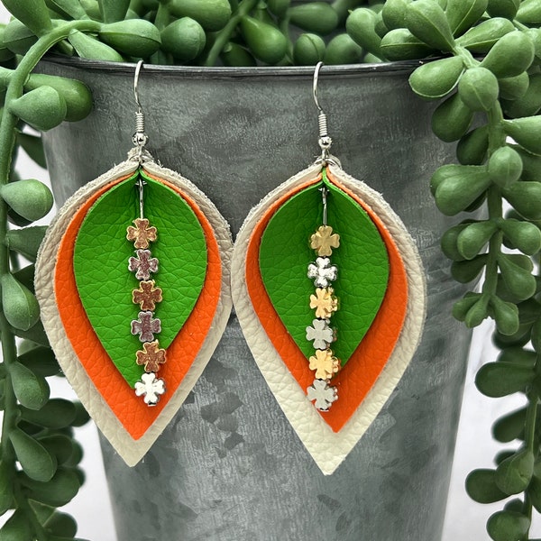 St. Patty's Day Earrings - Irish Flag Color Teardrop Earrings with Shamrock Accents - Free Shipping