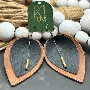 Leather Teardrop Earrings with Beaded Accents, Drop Earrings, Large Statement Leather Jewelry, Handmade Gift for Her
