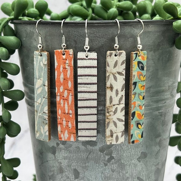 Modern Printed Cork and Leather Bar Earrings, Trendy Eco-Friendly Dangle Ear Jewelry, Sustainable Fashion Accessories, Leather Drop Earrings