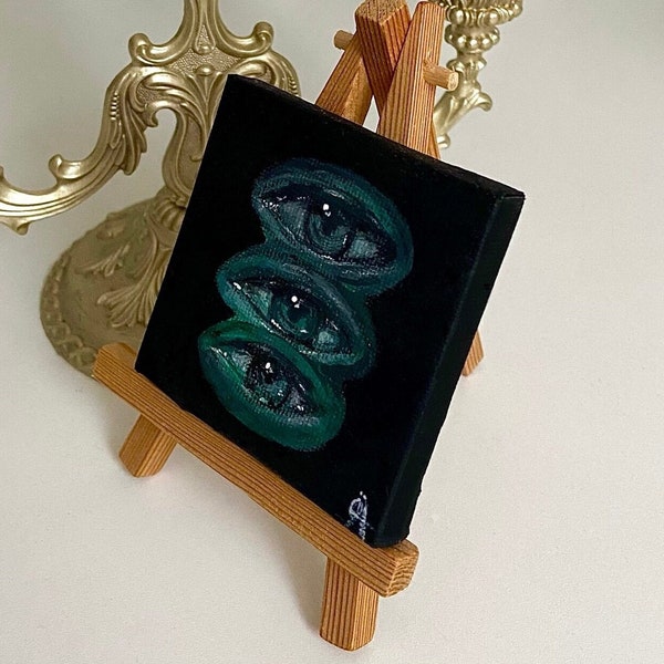UNIKAT! Mini Acrylbild 7 x 7 cm, Kleine Leinwand mit Staffelei, Handgemaltes Gemälde mit Augenmotiv