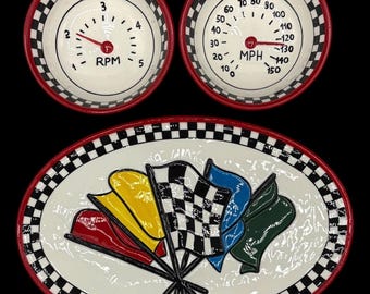 Fitz & Floyd Start Your Engines Ceramic Snack Set (2005) – Racing Flags Speedometer Bowls