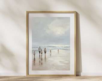 Beach Oil Painting, Family Walking on Beach, Landscape Print, Summer Printable Wall Art, Vintage Art, Digital Download, Printable Art