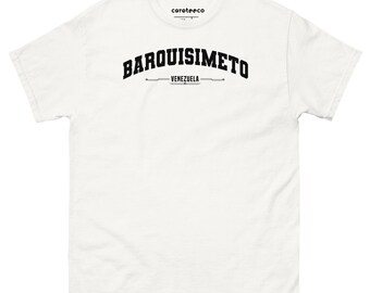 May include: White t-shirt with black text that reads "Barquisimeto, Venezuela" in an arched font.