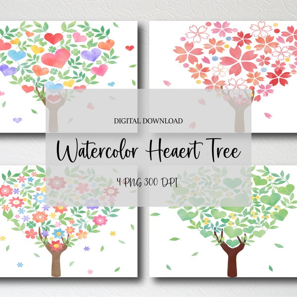 Watercolor Heart Shaped Tree bundle  for Valentines Crafting Romantic Tree Designs Nursery Playroom Wall Wedding invitation