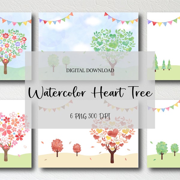 Heart Shaped Tree bundle Watercolor  for Valentines Crafting Romantic Tree Designs Nursery Playroom Wall Wedding invitation