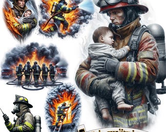 6 Fire Fighter Clipart, Fire Fighter PNG, Emergency Clipart, Sublimation Fire Fighter Printable