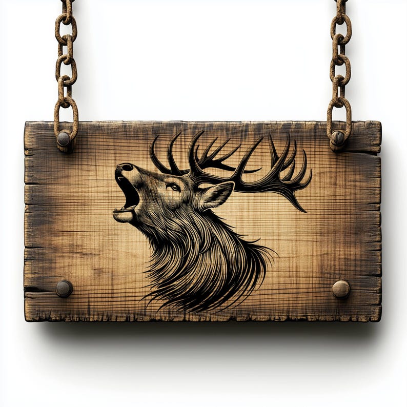 May include: A wooden sign with a black and white illustration of a deer with antlers, the deer is looking up and its mouth is open as if it is roaring. The sign is hanging from two chains.