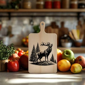 May include: A wooden cutting board with a black and white illustration of a deer in a forest setting. The board has a handle and is perfect for serving or preparing food.